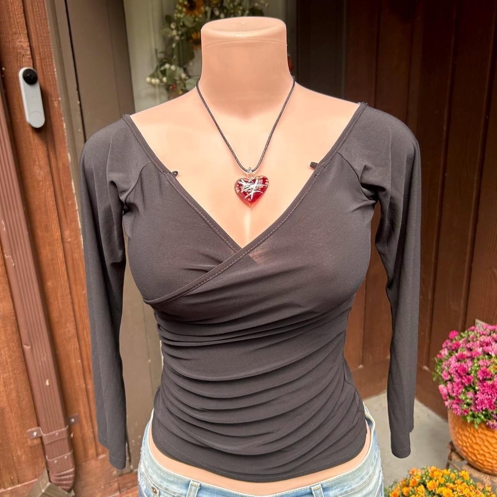 y2k 2000s grunge black ruched wrap front deep v neck long sleeve top